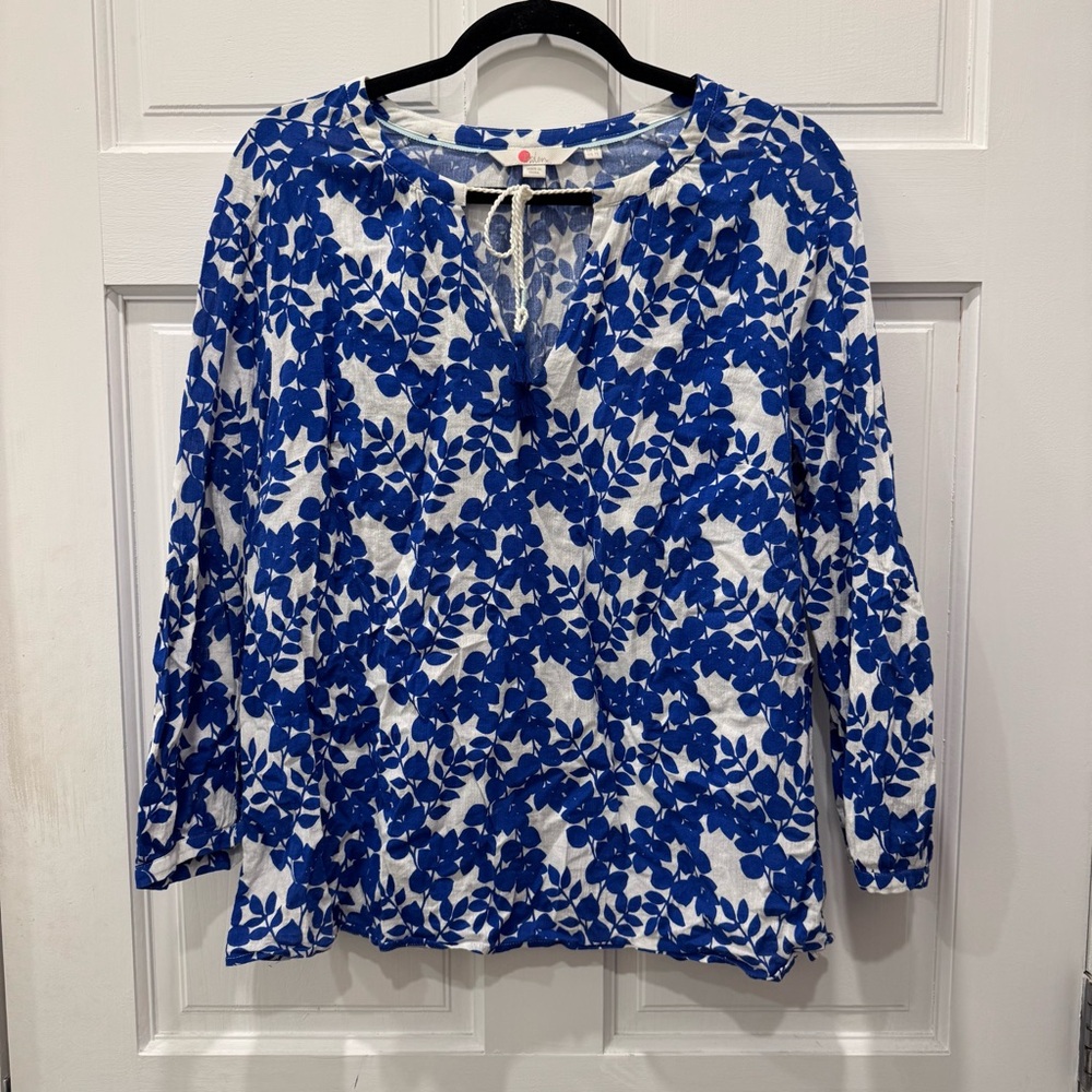 Boden Gauzy Tie-Neck Top Blue White Leaf Print Tassel Boho Cotton Blouse US 12